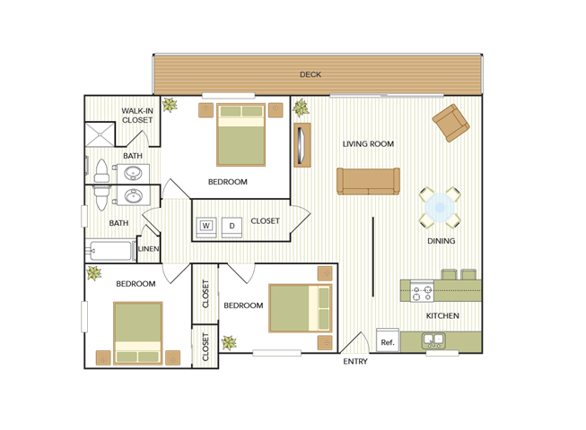 Floor plan for 3 beds, 2 baths, 1225 sqft