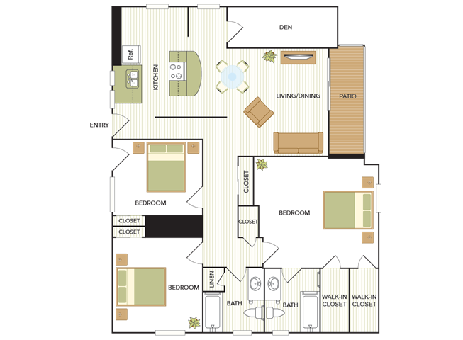 Floor plan for 3 beds, 2 baths, 1394 sqft