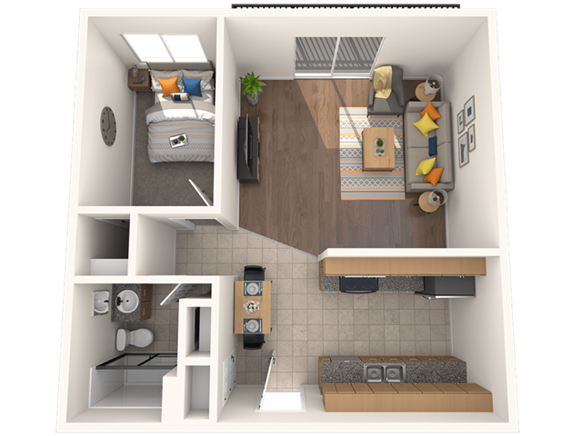 Floor plan for 1 bed, 1 bath, 733 sqft