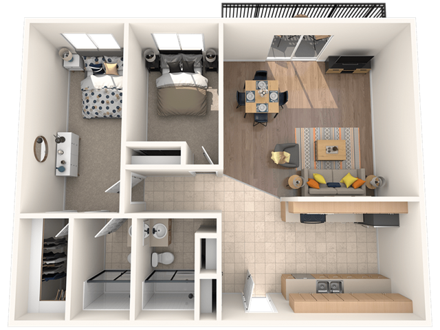 Floor plan for 2 beds, 2 baths, 956 sqft
