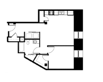 Floor plan for 1 bed, 1 bath, 826 sqft