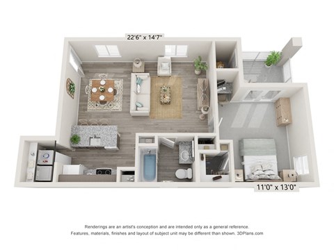 Floor plan for 1 bed, 1 bath, 981 sqft