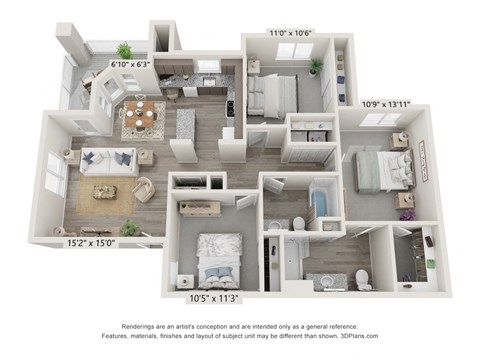 Floor plan for 3 beds, 2 baths, 1223 sqft