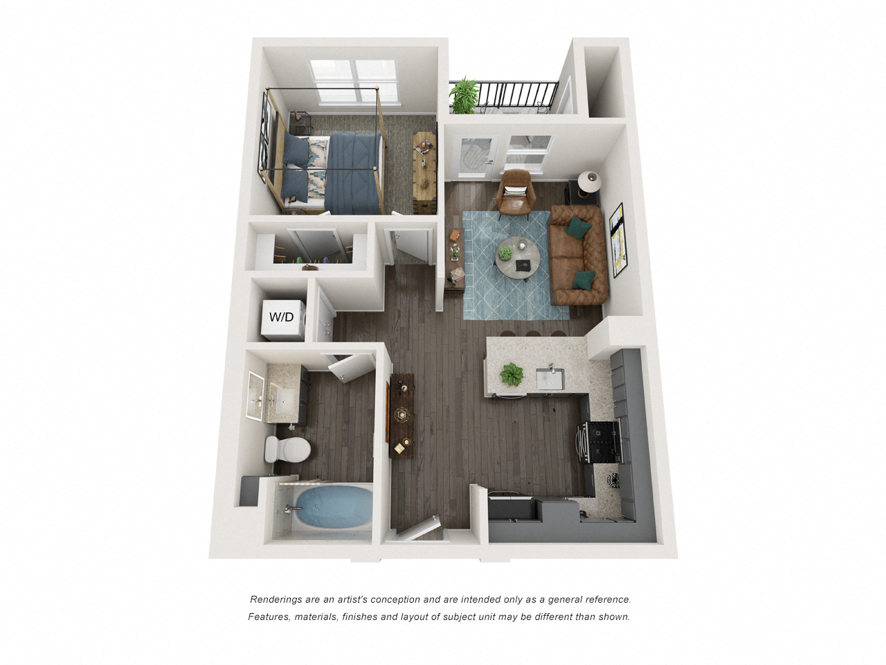 Floor plan for 1 bed, 1 bath, 652 sqft
