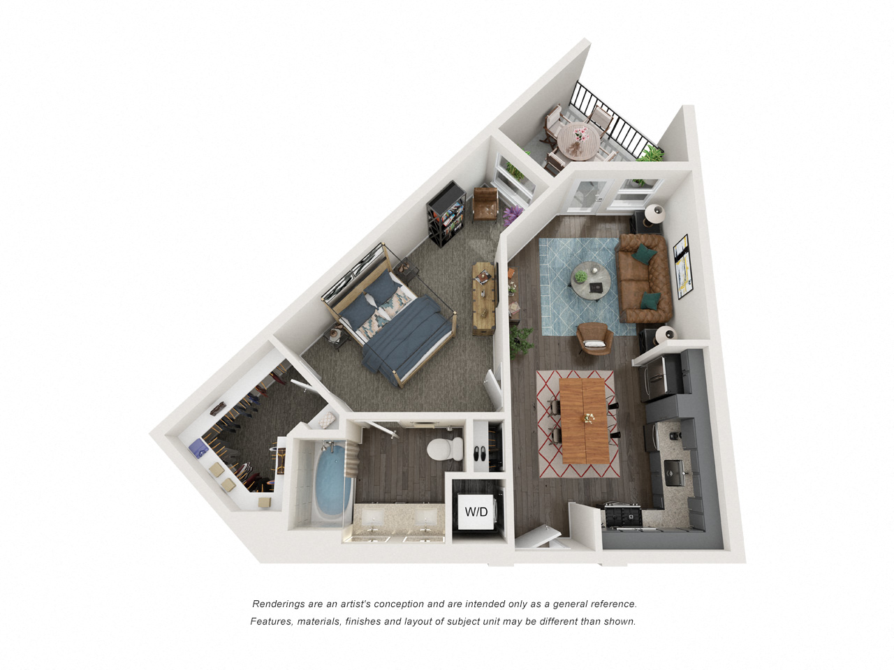 Floor plan for 1 bed, 1 bath, 731 sqft