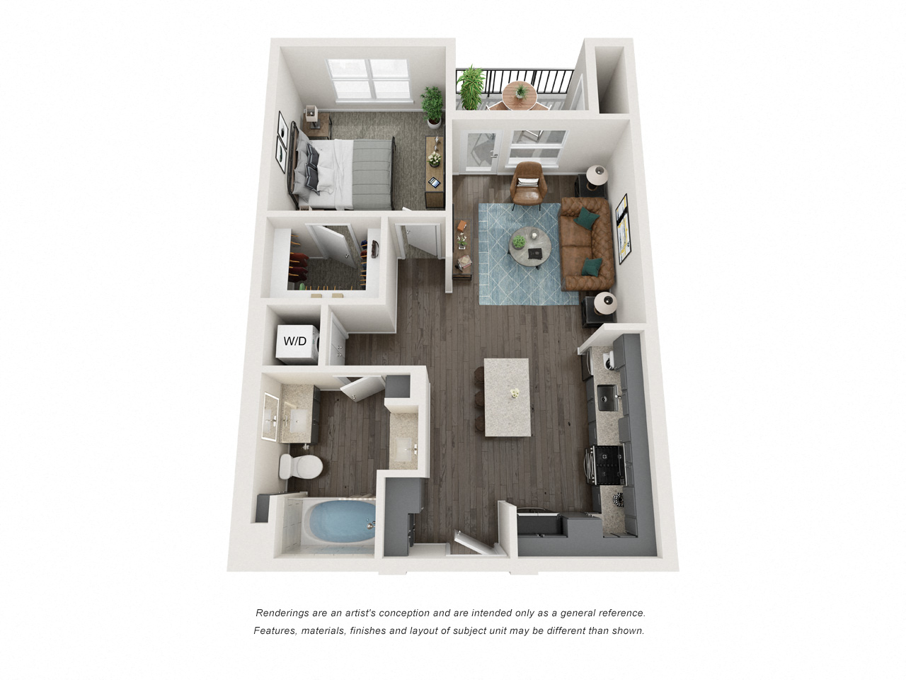 Floor plan for 1 bed, 1 bath, 744 sqft