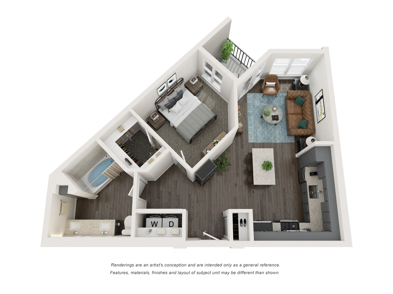 Floor plan for 1 bed, 1 bath, 739 sqft
