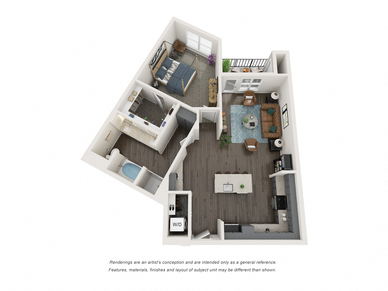 Floor plan for 1 bed, 1 bath, 973 sqft