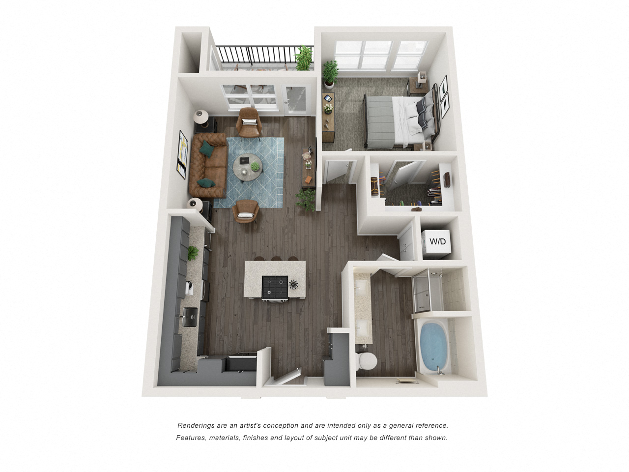 Floor plan for 1 bed, 1 bath, 852 sqft