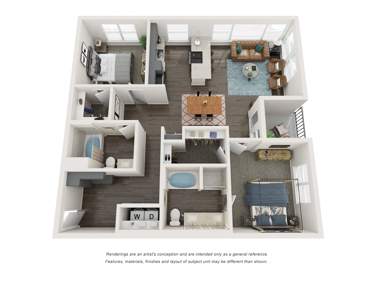 Floor plan for 2 beds, 2 baths, 1298 sqft