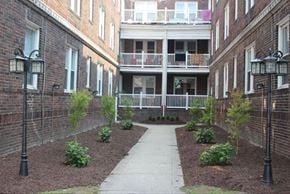 Norfolk apartment for rent - the courtyard of an apartment building with a sidewalk and plants