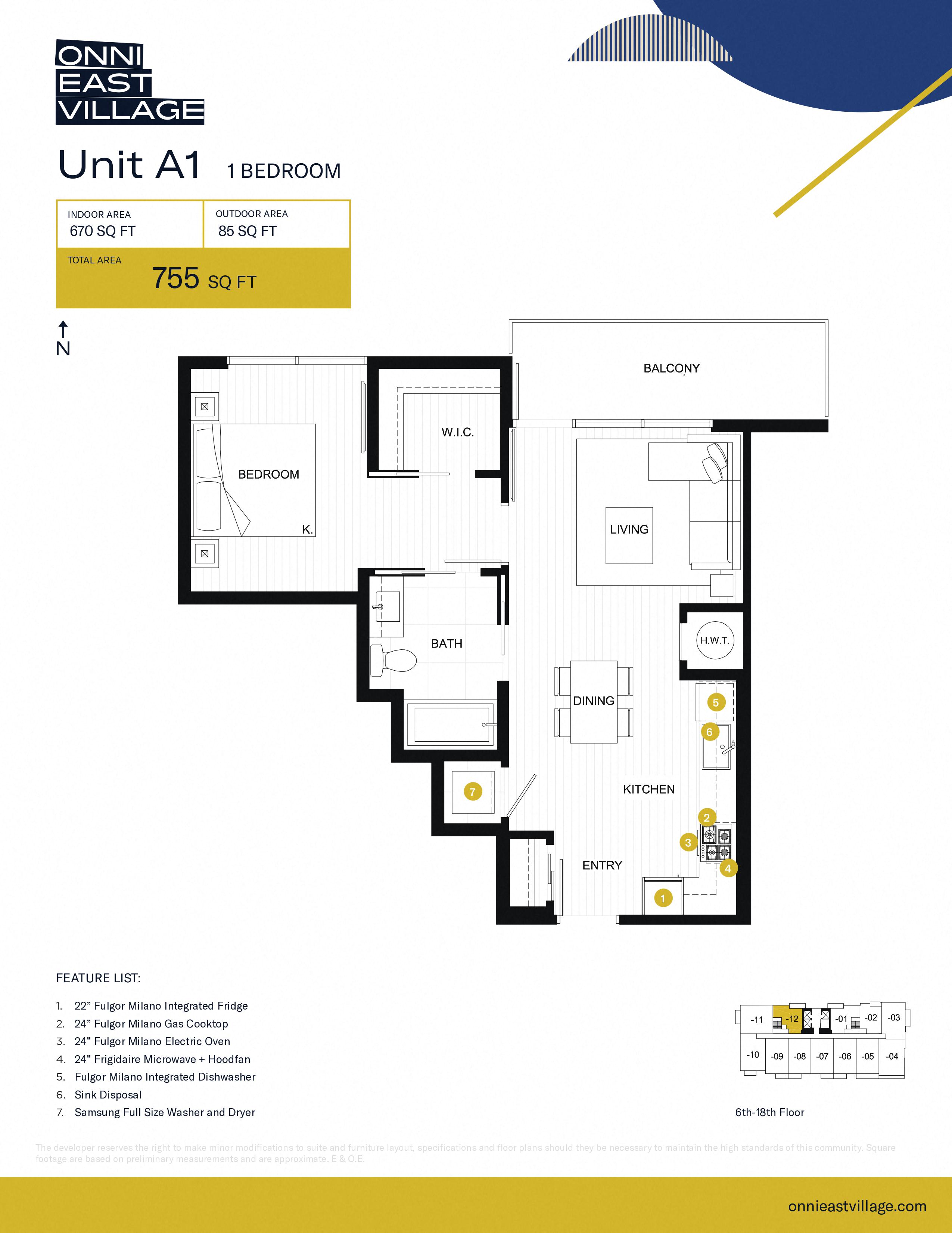Floor plan for 1 bed, 1 bath, 670 sqft