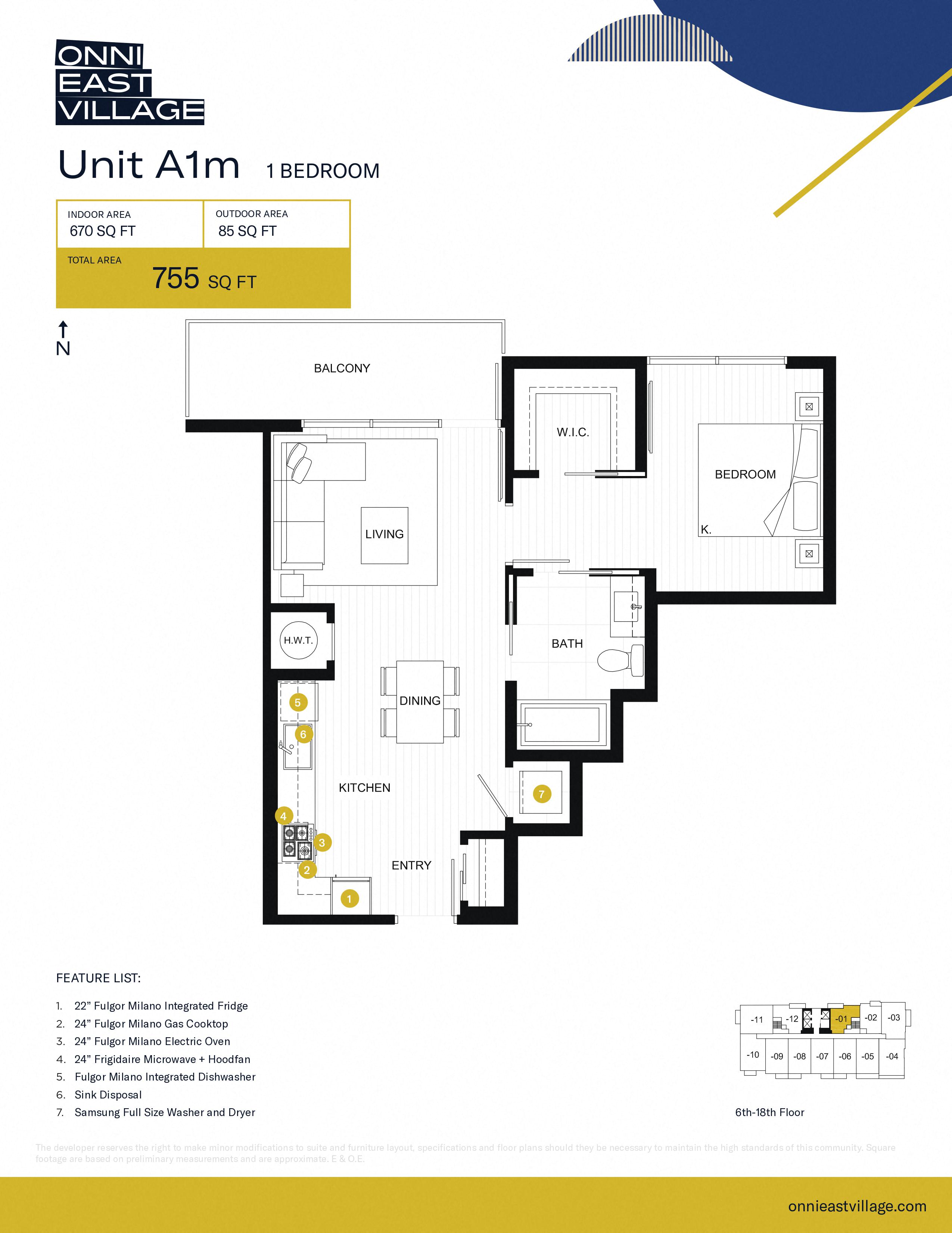 Floor plan for 1 bed, 1 bath, 670 sqft