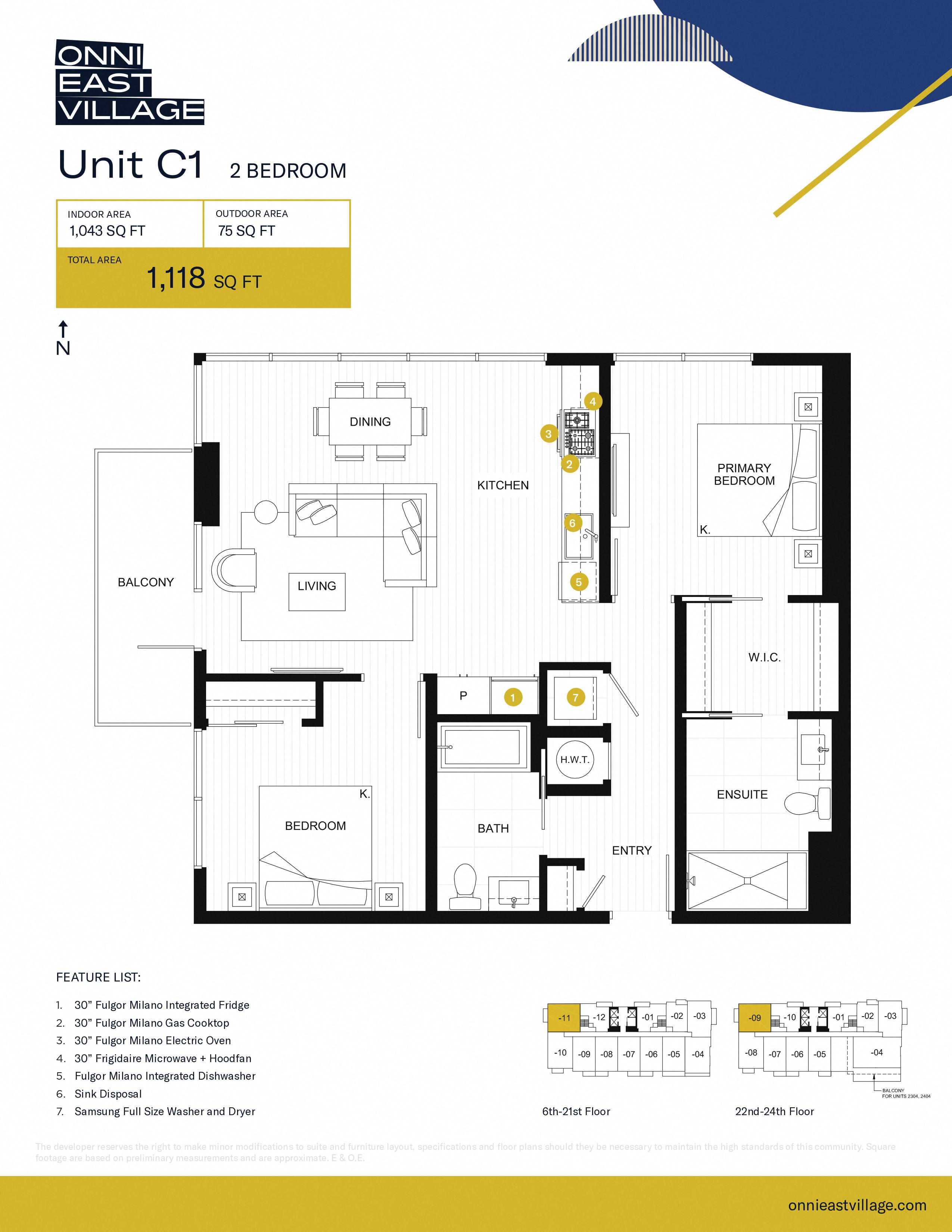 Floor plan for 2 beds, 2 baths, 1043 sqft