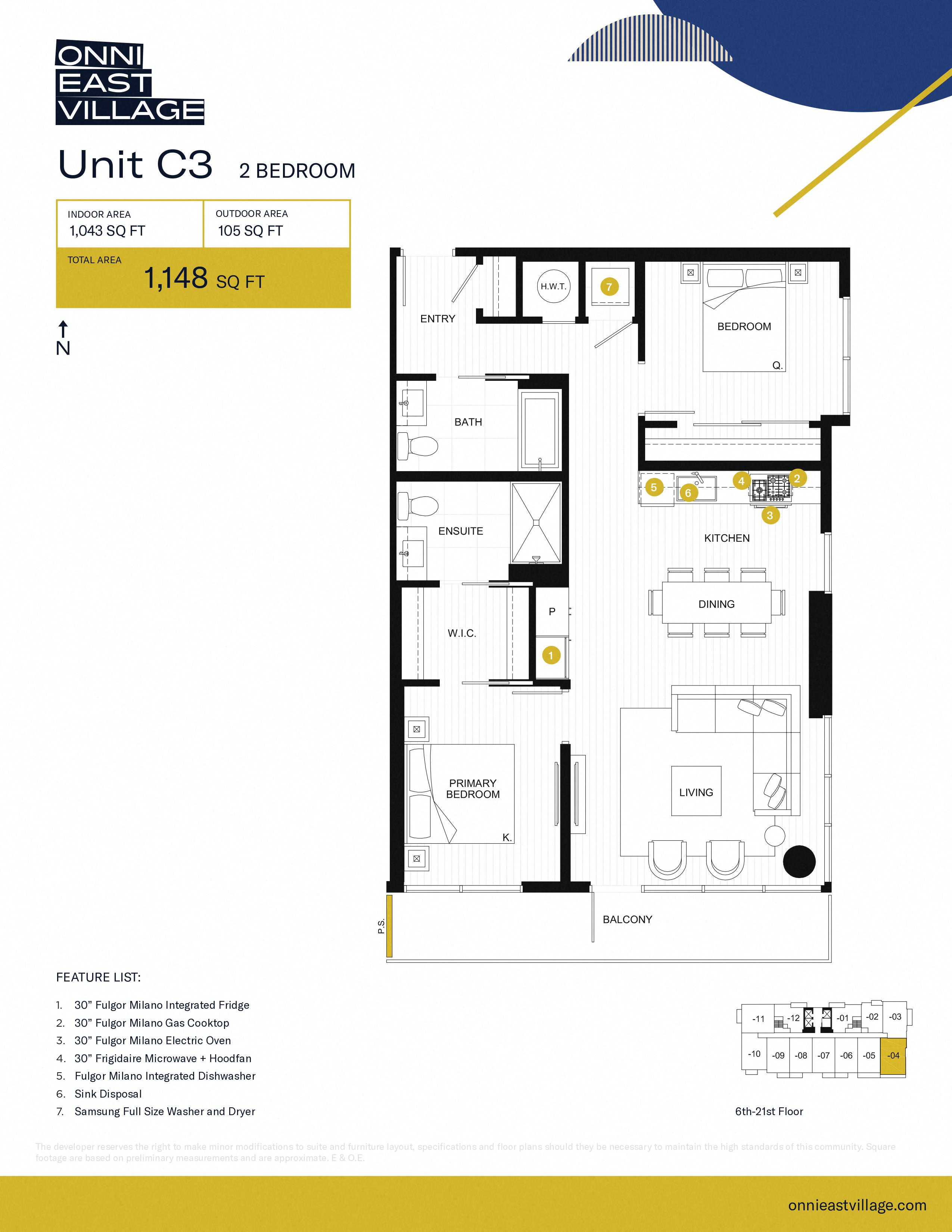 Floor plan for 2 beds, 2 baths, 1043 sqft