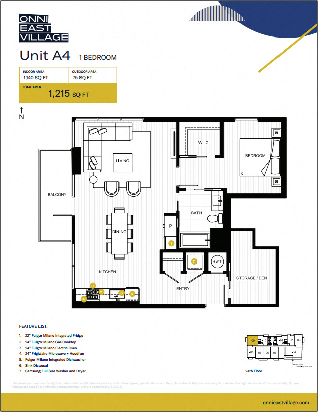 Floor plan for 1 bed, 1 bath, 1043 sqft