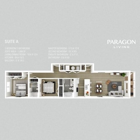Floor plan for 2 beds, 2 baths, 1068 sqft