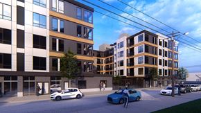 Philadelphia apartment for rent - a rendering of a city street with buildings and cars