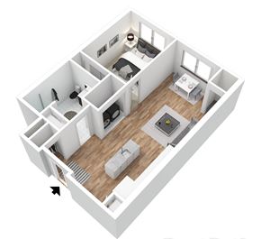 Philadelphia apartment for rent - a 3d floor plan of a home with a bedroom and a living room