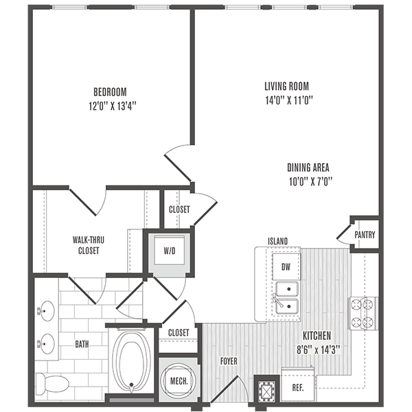 Floor plan for 1 bed, 1 bath, 891 sqft