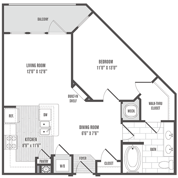Floor plan for 1 bed, 1 bath, 802 sqft