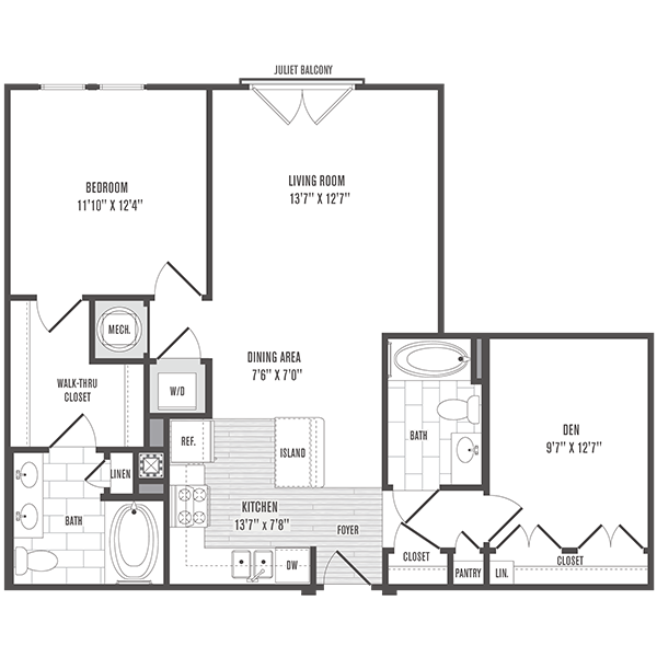 Floor plan for 1 bed, 2 baths, 1051 sqft
