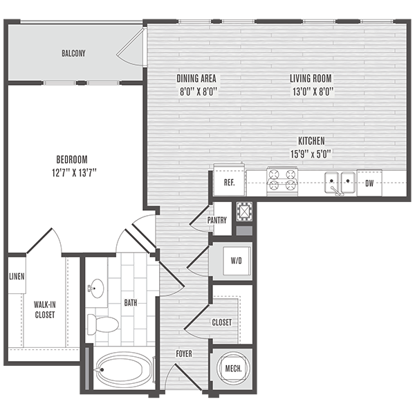 Floor plan for 1 bed, 1 bath, 747 sqft