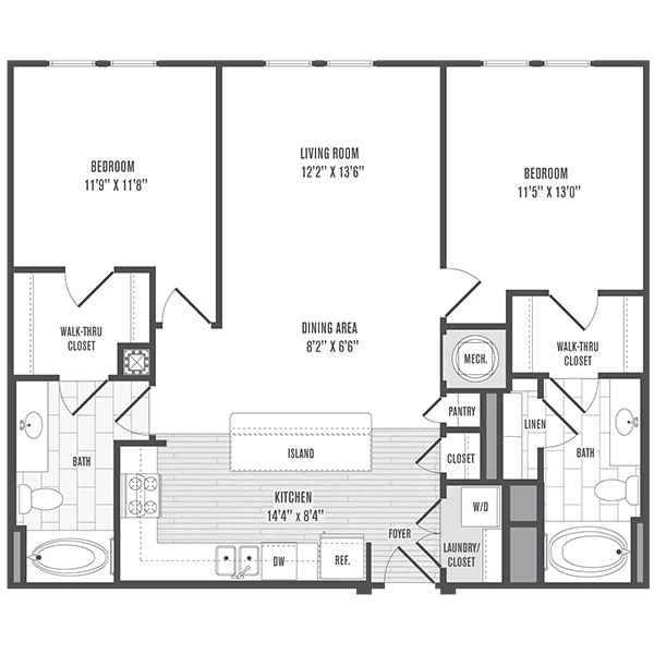 Floor plan for 2 beds, 2 baths, 1122 sqft
