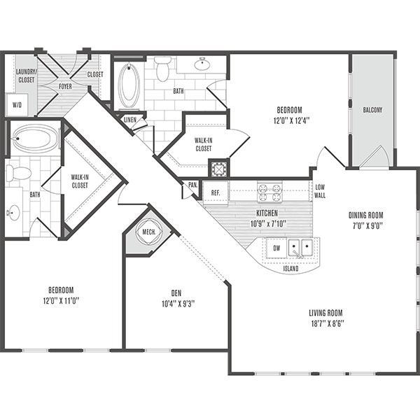 Floor plan for 2 beds, 2 baths, 1312 sqft