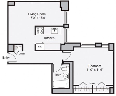 Floor plan for 1 bed, 1 bath, 744 sqft