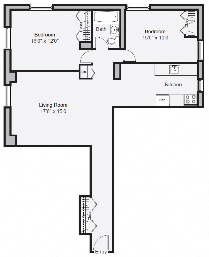 Floor plan for 2 beds, 1 bath, 1129 sqft