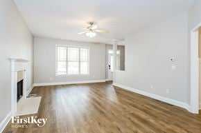 Adairsville house for rent - a living room with a fireplace and a ceiling fan