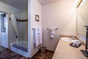Farmington apartment for rent - a bathroom with a shower and a sink and a mirror