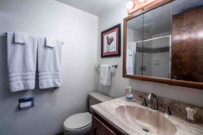 Farmington house for rent - a bathroom with a sink and a mirror and a toilet