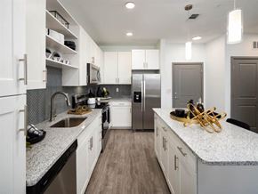 St. Petersburg apartment for rent - A modern kitchen with white cabinets and a granite countertop.