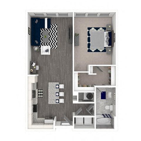 Floor plan for 1 bed, 1 bath, 837 sqft