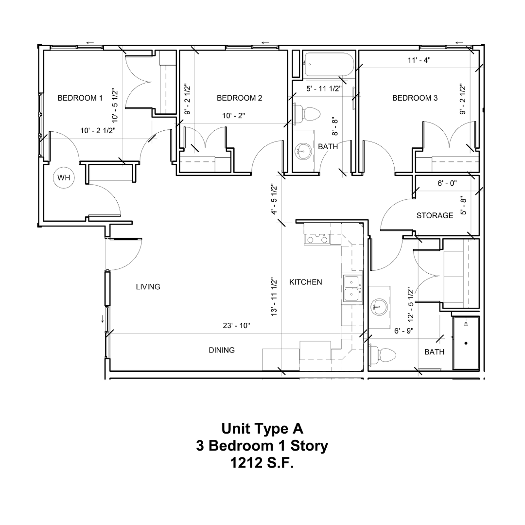 Floor plan for 3 beds, 2 baths, 1280 sqft
