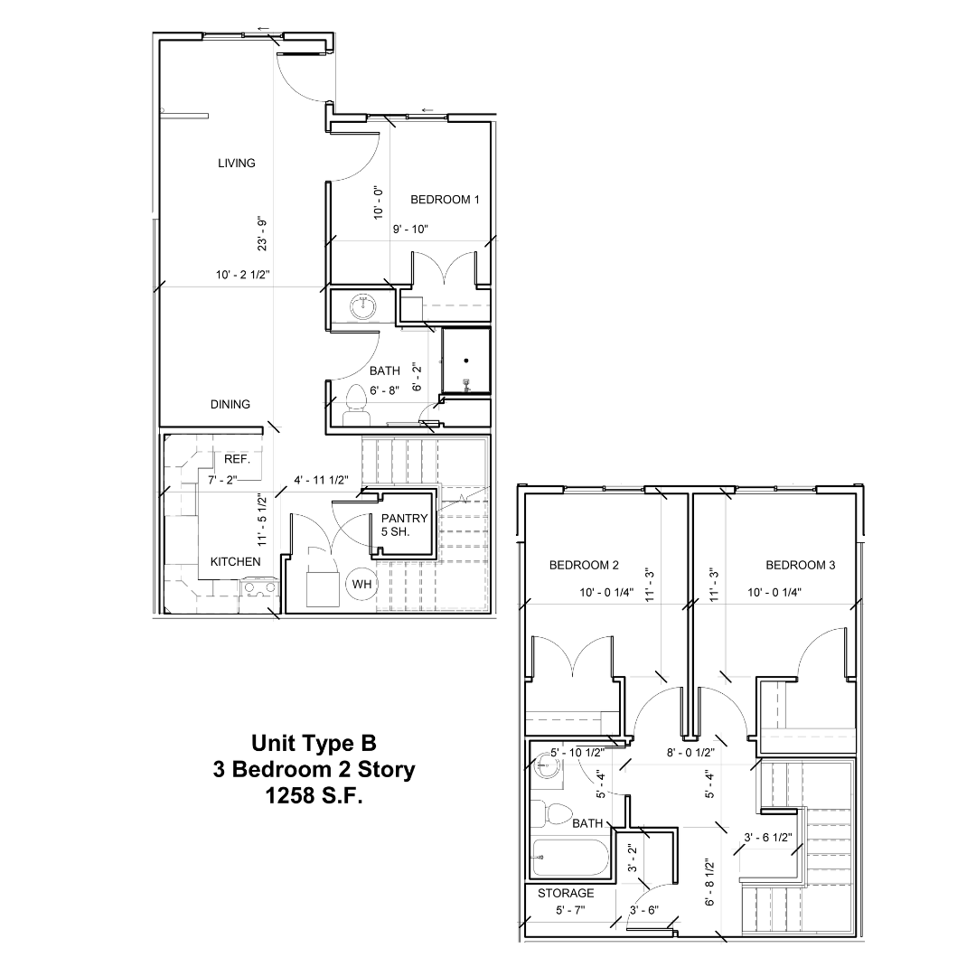 Floor plan for 3 beds, 2 baths, 1258 sqft