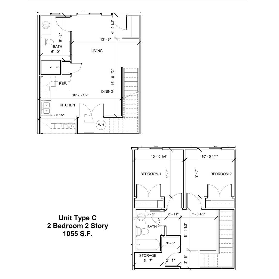 Floor plan for 2 beds, 2 baths, 1055 sqft