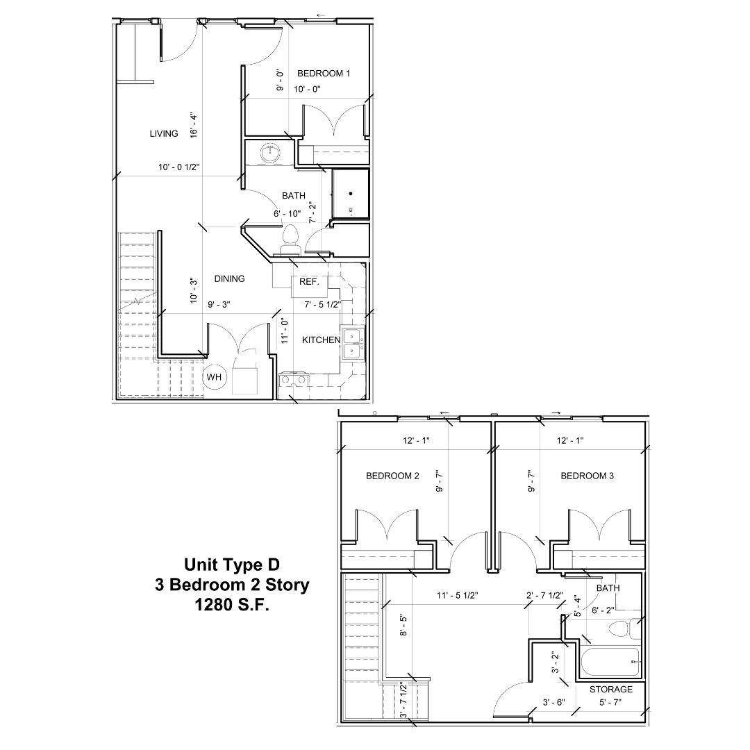 Floor plan for 3 beds, 2 baths, 1280 sqft