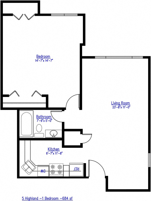Floor plan for 1 bed, 1 bath, 684 sqft