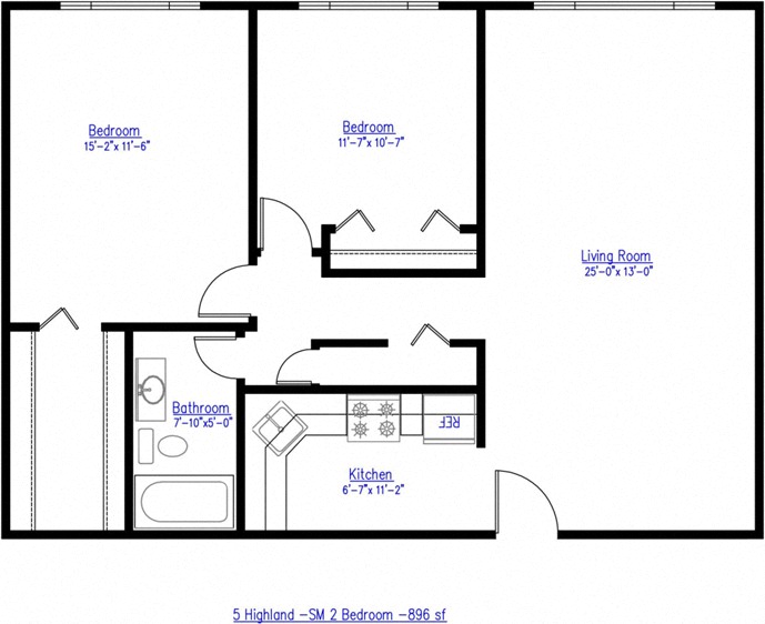 Floor plan for 2 beds, 1 bath, 896 sqft