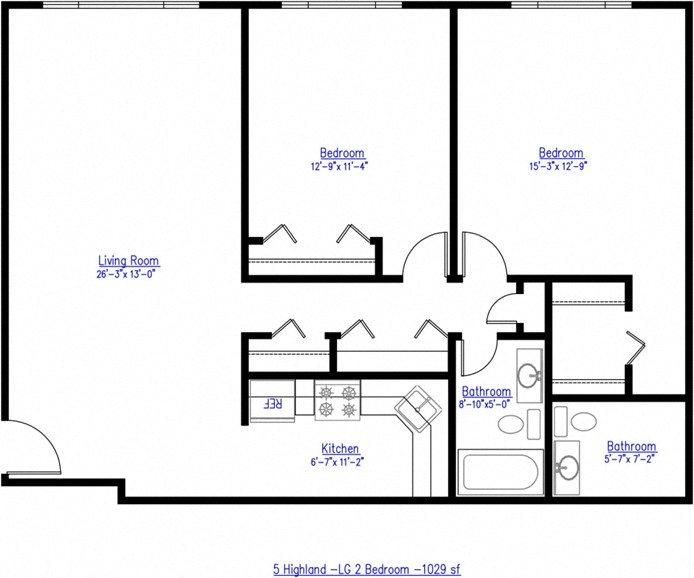 Floor plan for 2 beds, 1.5 baths, 1029 sqft