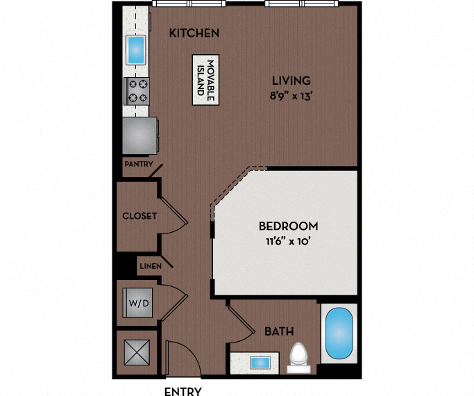 Floor plan for studio, 1 bath, 629 sqft