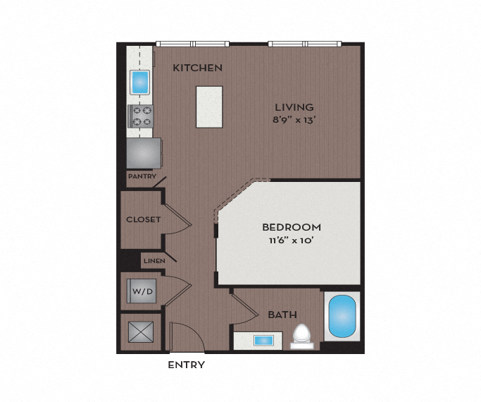 Floor plan for studio, 1 bath, 629 sqft