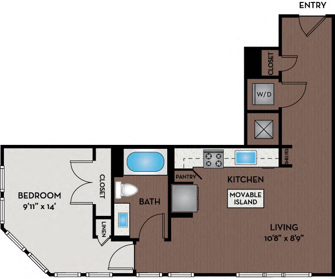 Floor plan for 1 bed, 1 bath, 751 sqft