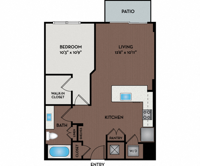 Floor plan for 1 bed, 1 bath, 741 sqft