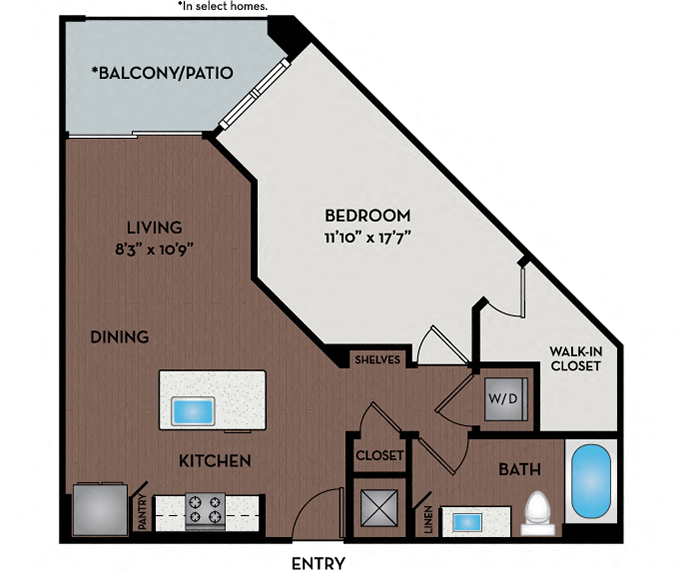 Floor plan for 1 bed, 1 bath, 846 sqft