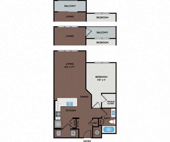 Floor plan for 1 bed, 1 bath, 764 sqft