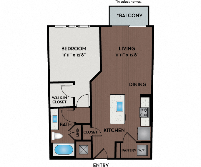 Floor plan for 1 bed, 1 bath, 785 sqft